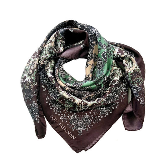 Silk Twill Patricia Scarf rust and green tonal roses