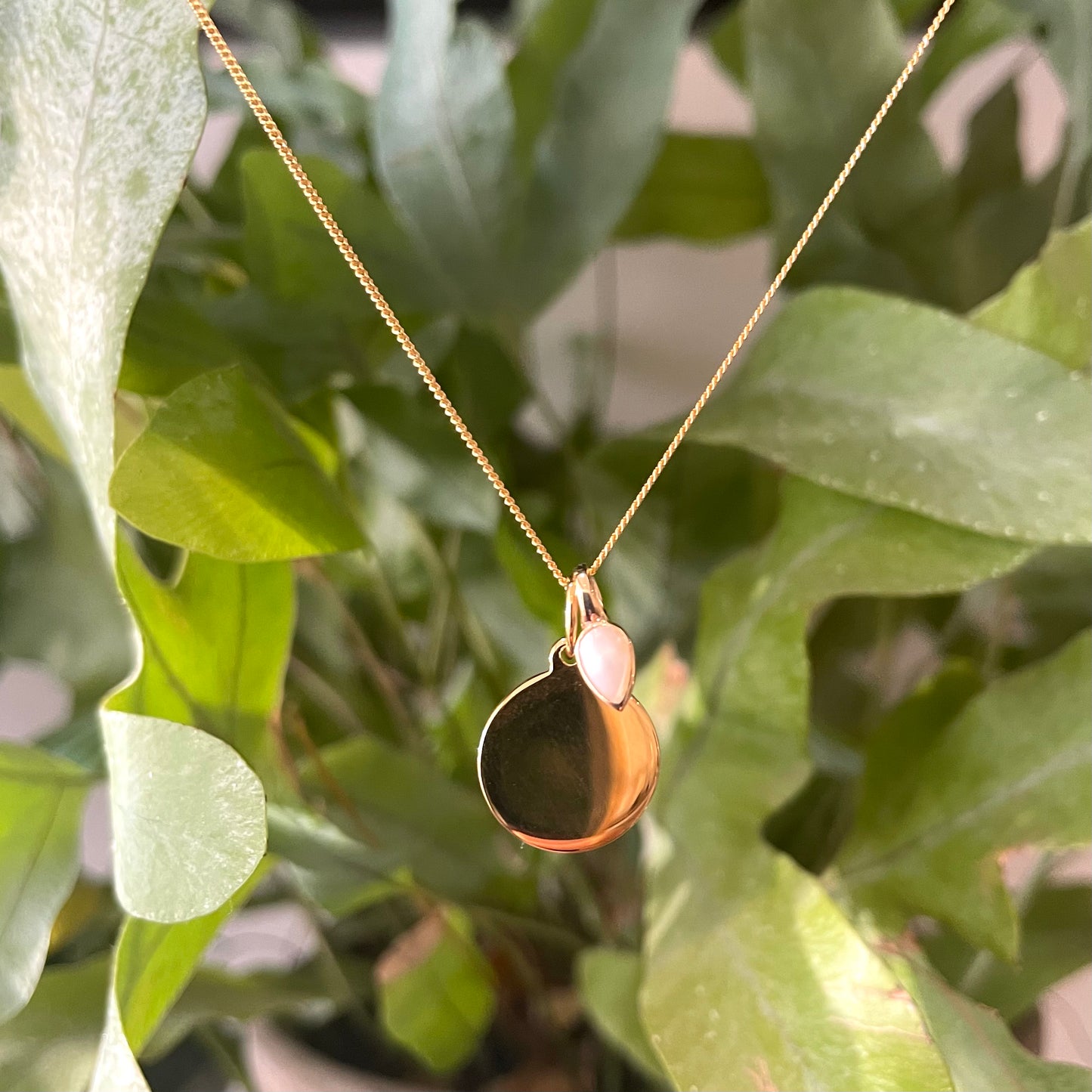 Gold Disc pendant with a Pearl charm for a June Birthday