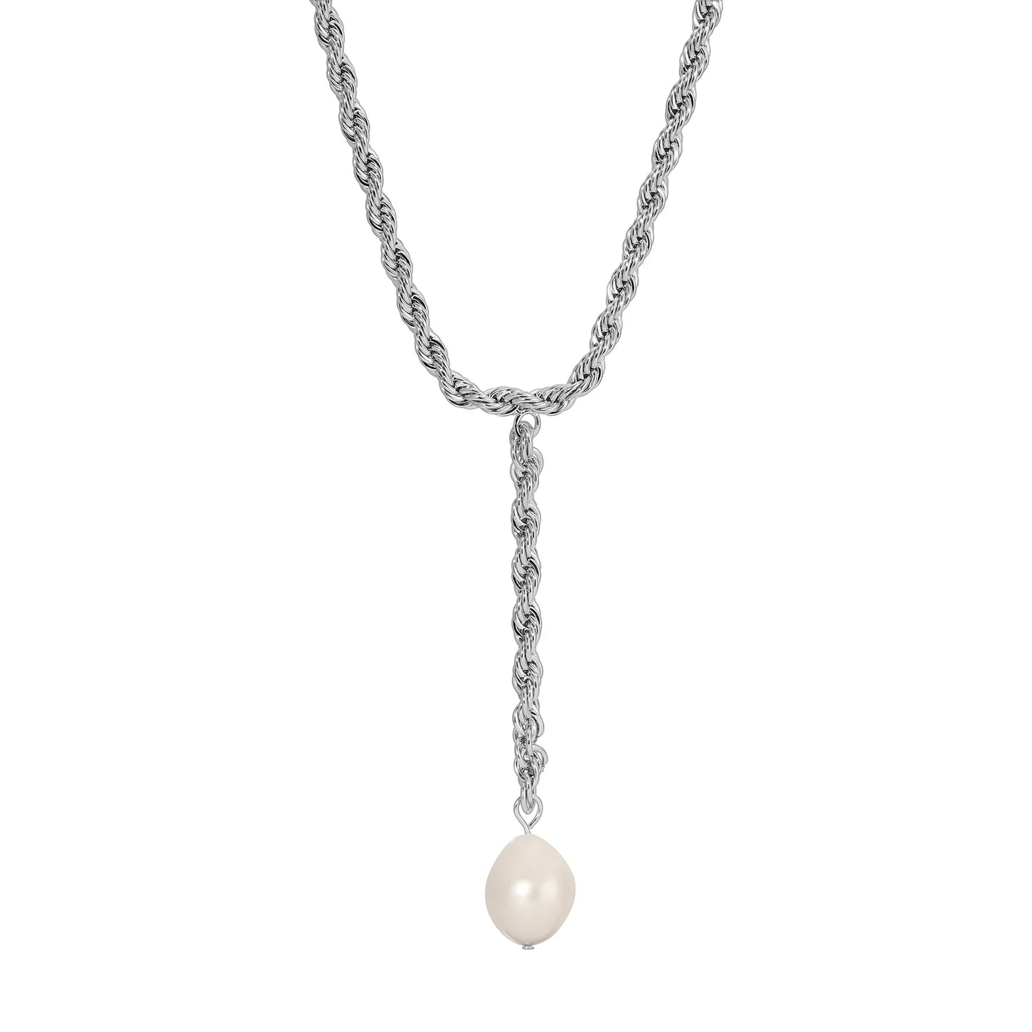 Pearl Lariat Necklace Rhodium