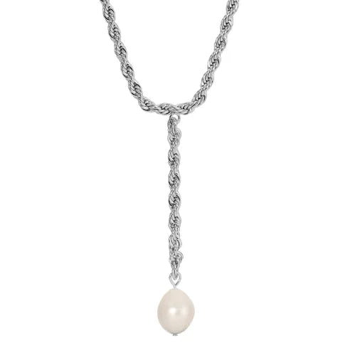 Pearl Lariat Necklace in Rhodium
