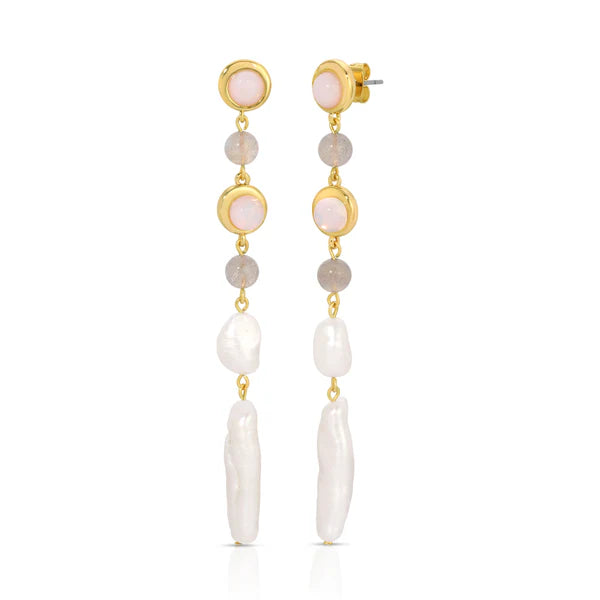 Marseille long pearl earrings, with Pearls, Moonstones and Opals.