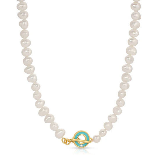 Tropez Pearl Necklace with an embellished enamel T bar clasp