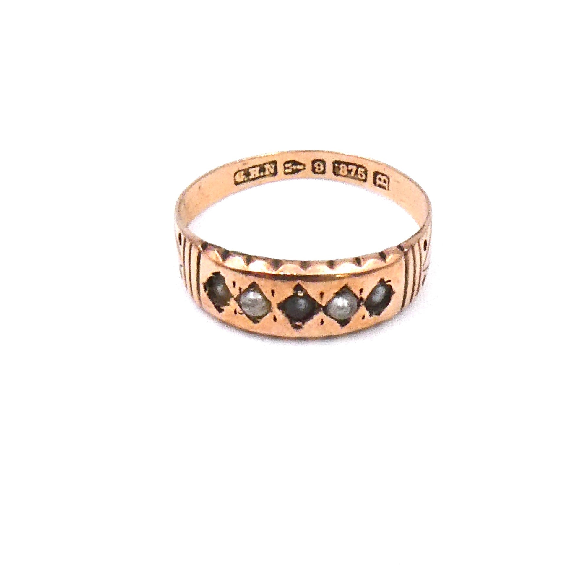 Antique rose gold ornate band set with pearls, a pearl gypsy ring hallmarked 1885. - Collected
