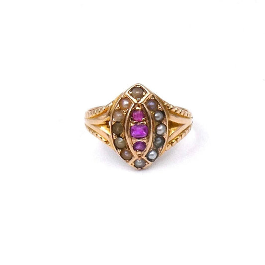 Antique ruby and pearl ring, a navette ring hallmarked 15kt gold