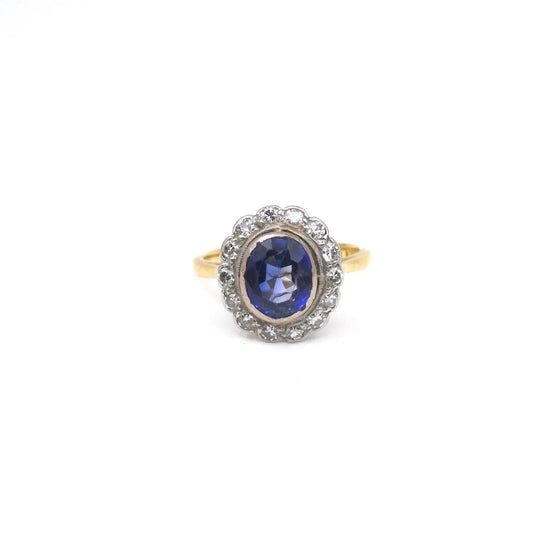 Sapphire daisy ring, 18kt gold and platingum cluster sapphire ring.