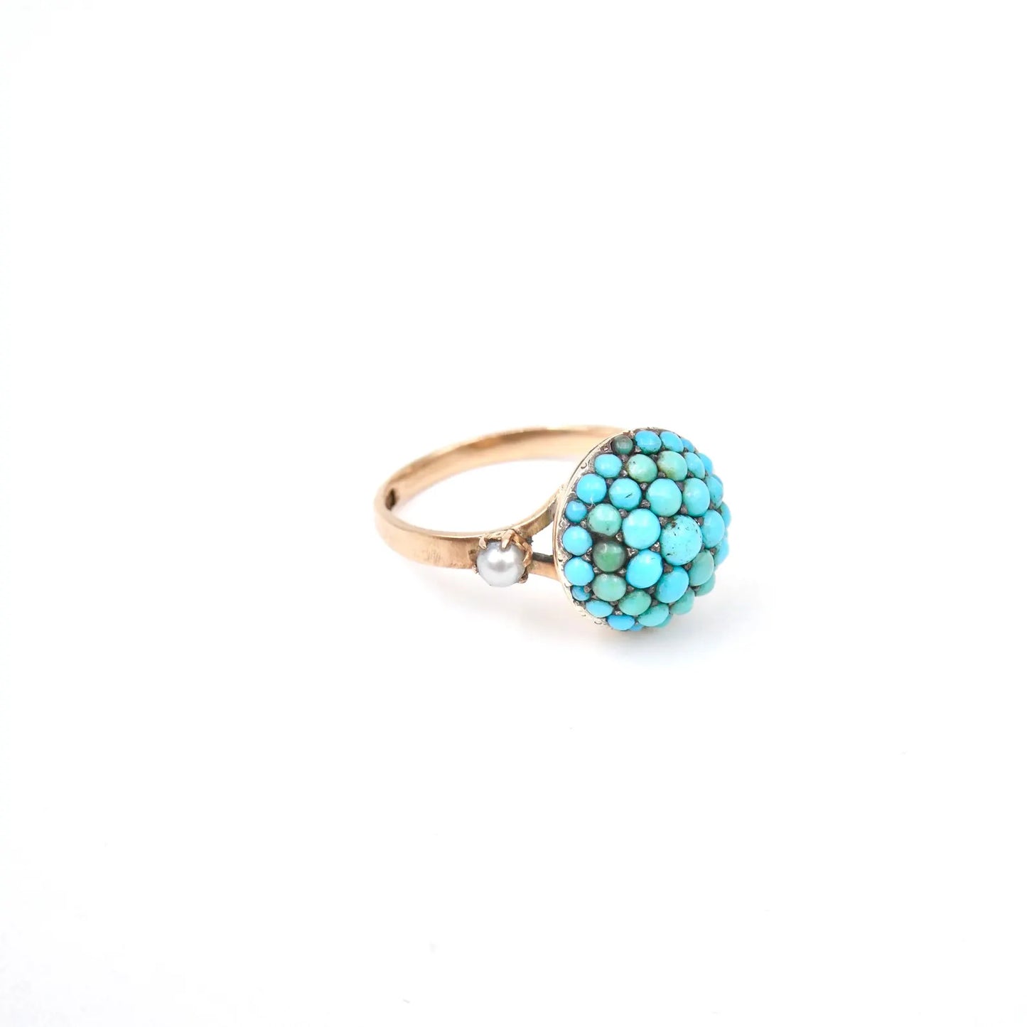 Antique turquoise bombe ring with a small pearl on either side, antique turquoise ring