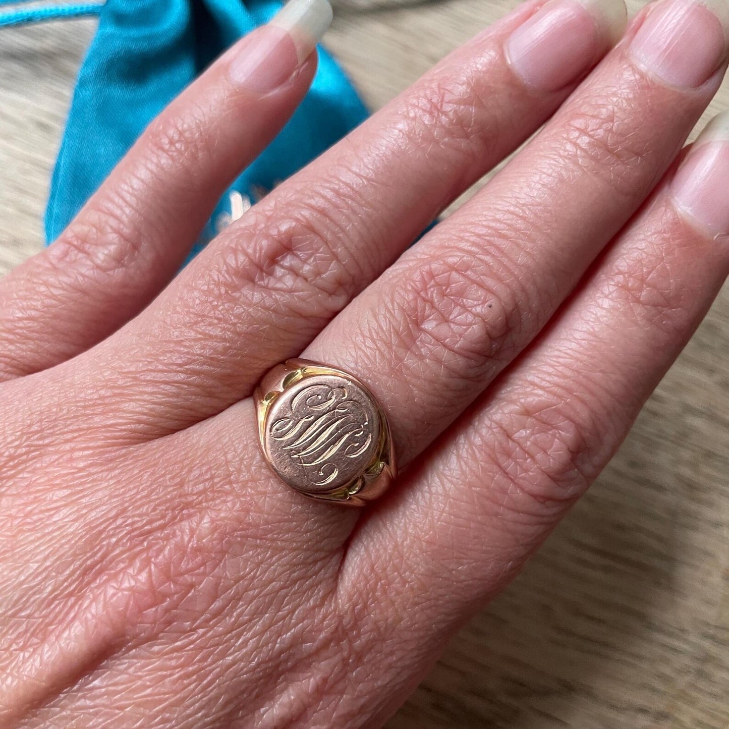 Antique rose gold monogram signet ring, Edwardian rose gold signet ring.