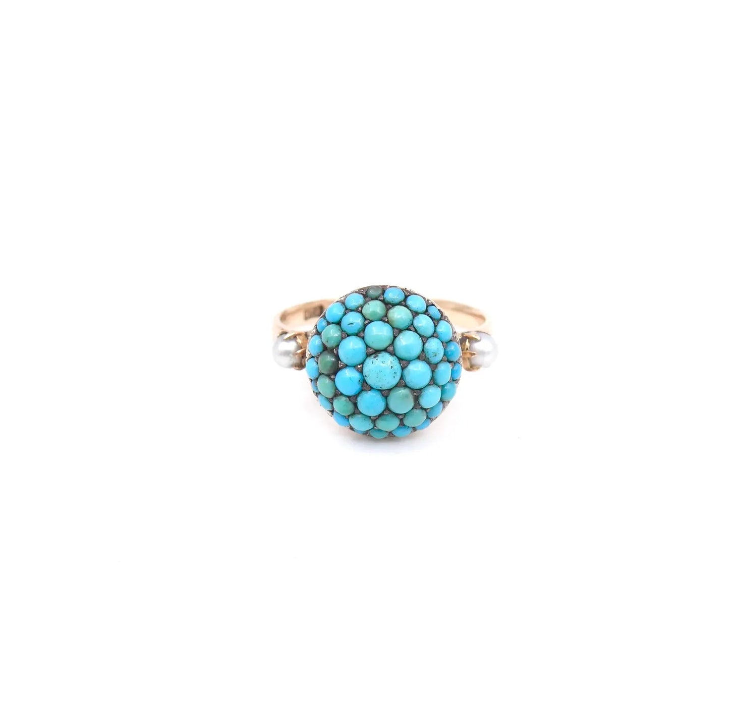 Antique turquoise bombe ring with a small pearl on either side, antique turquoise ring