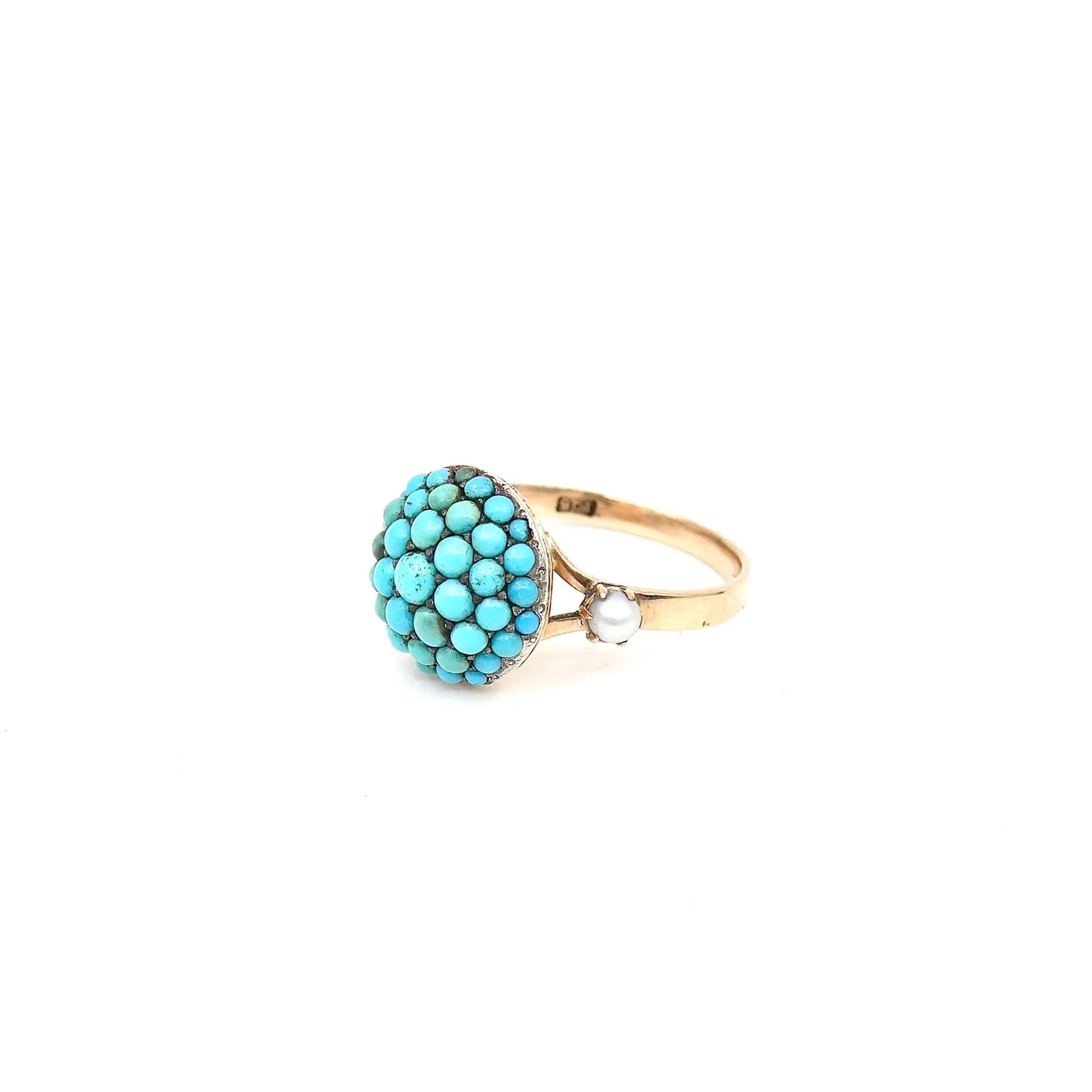 Antique turquoise bombe ring with a small pearl on either side, antique turquoise ring