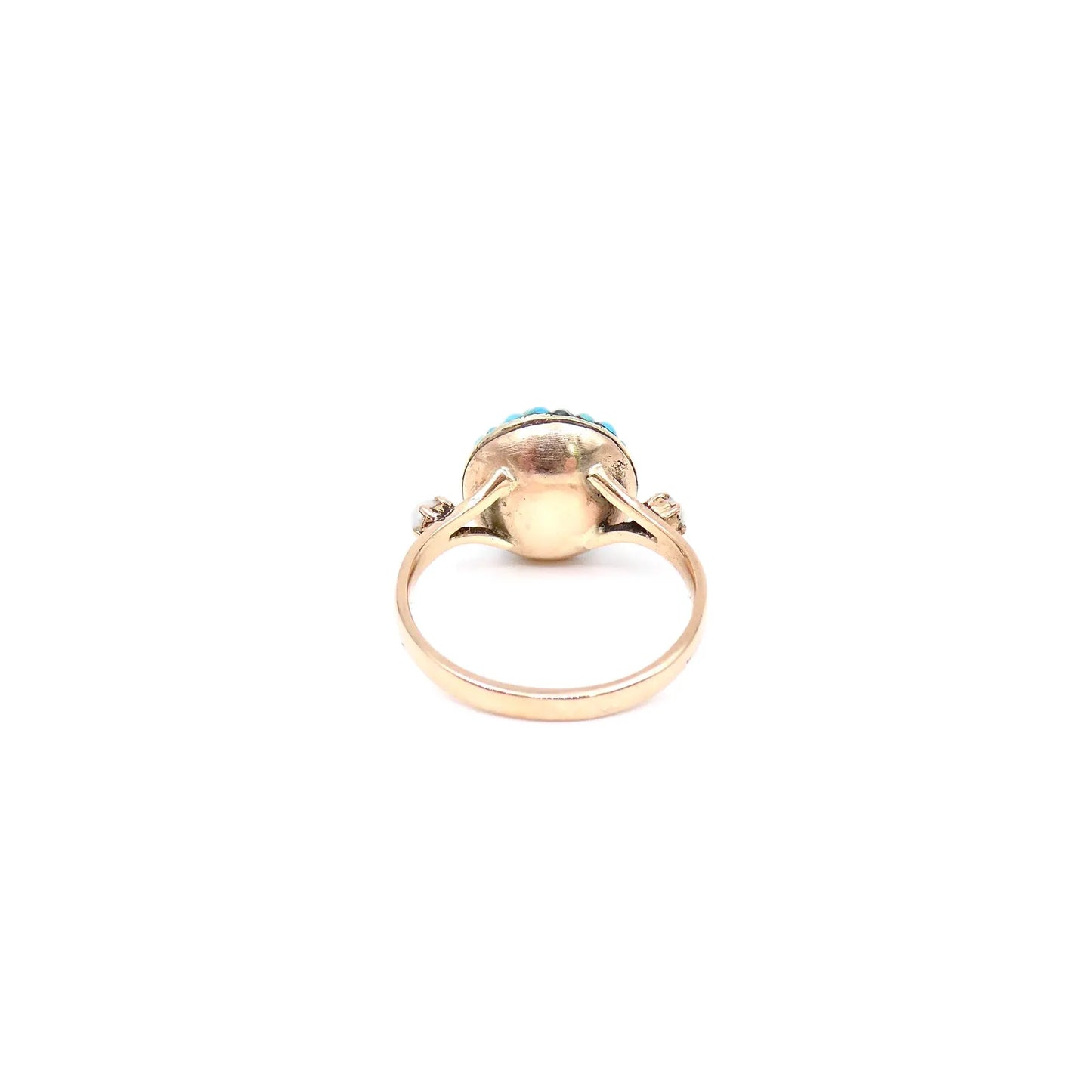 Antique turquoise bombe ring with a small pearl on either side, antique turquoise ring