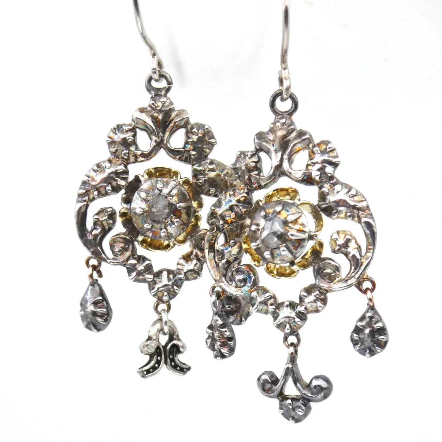 Antique earrings, a pair of silver and gold ornate drop earrings, Georgian earrings.