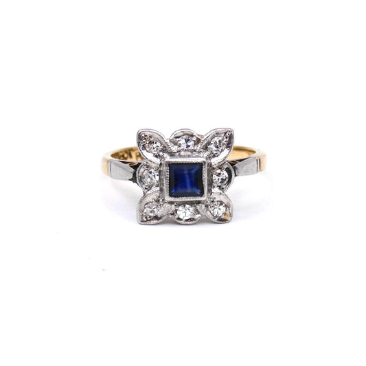 Vintage sapphire diamond ring set in platinum and 18ct gold, an art deco style ring.
