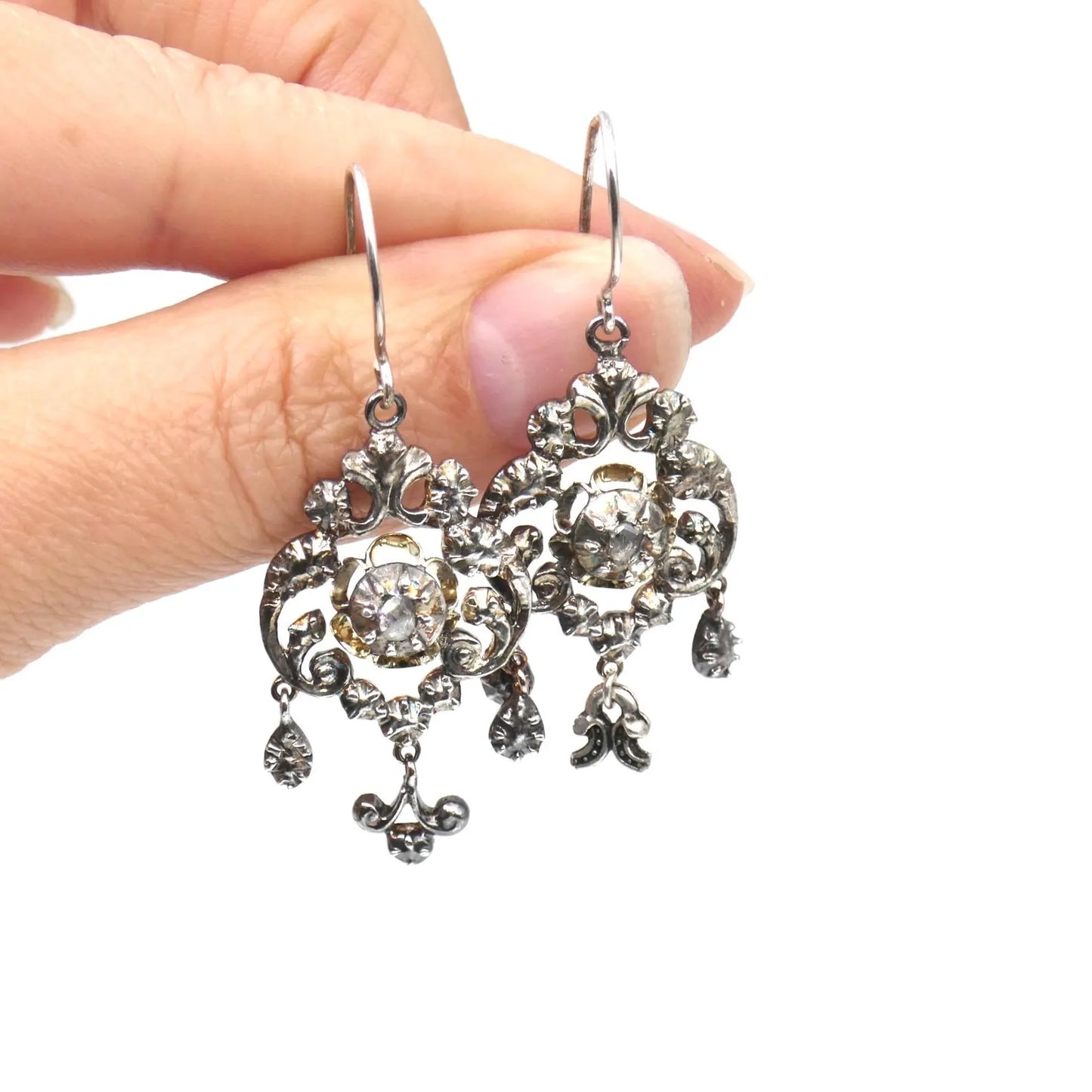 Antique earrings, a pair of silver and gold ornate drop earrings, Georgian earrings.