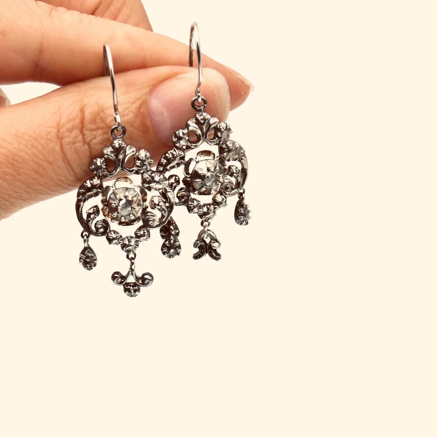 Antique earrings, a pair of silver and gold ornate drop earrings, Georgian earrings.