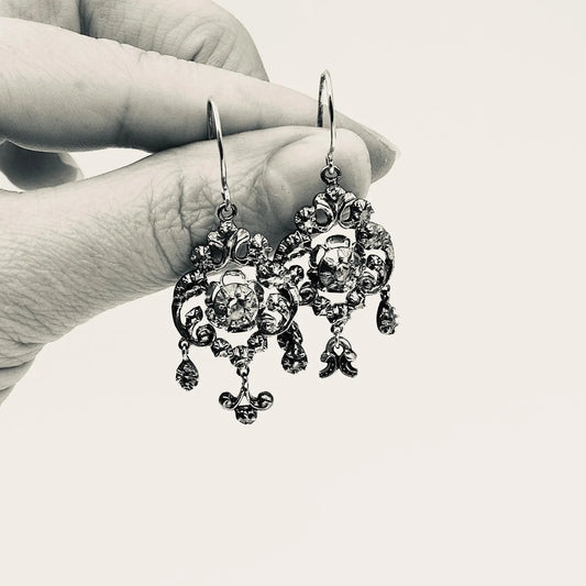 Antique earrings, a pair of silver and gold ornate drop earrings, Georgian earrings.