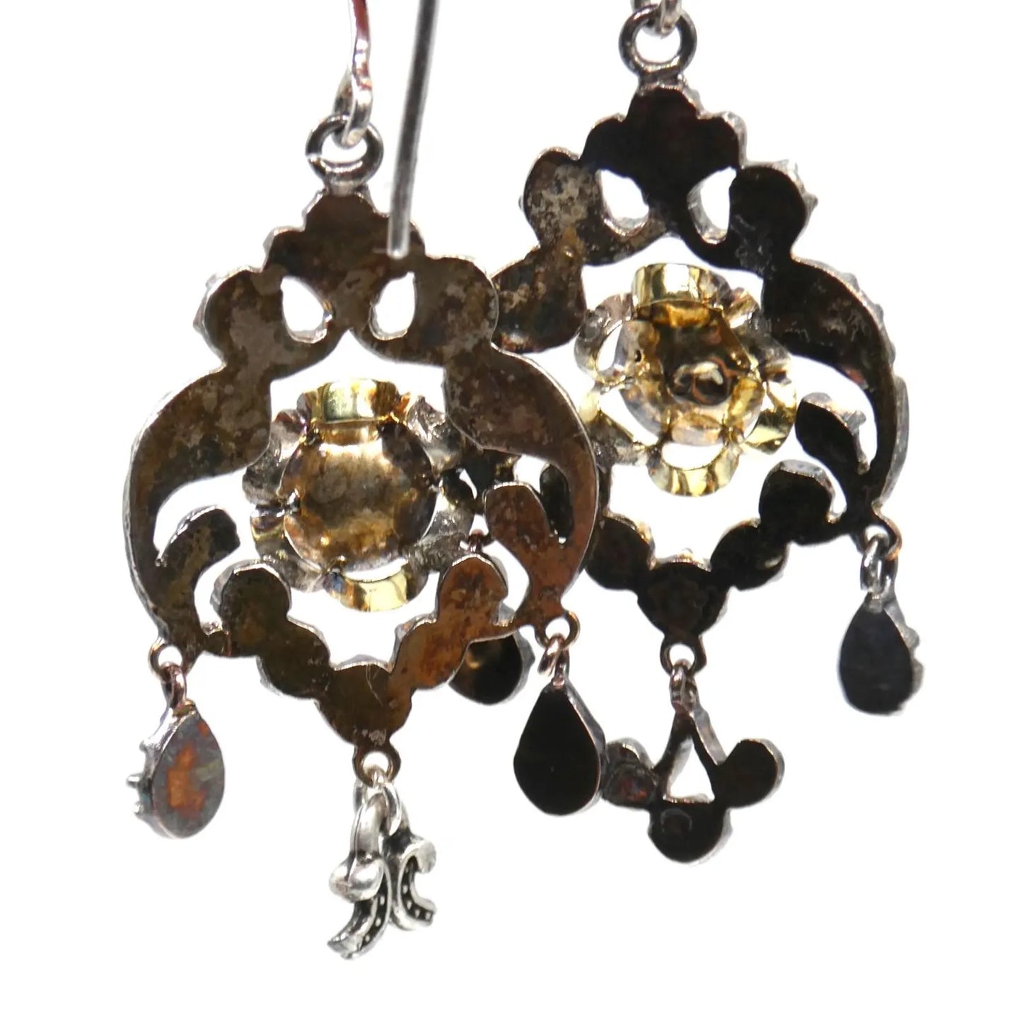 Antique earrings, a pair of silver and gold ornate drop earrings, Georgian earrings.