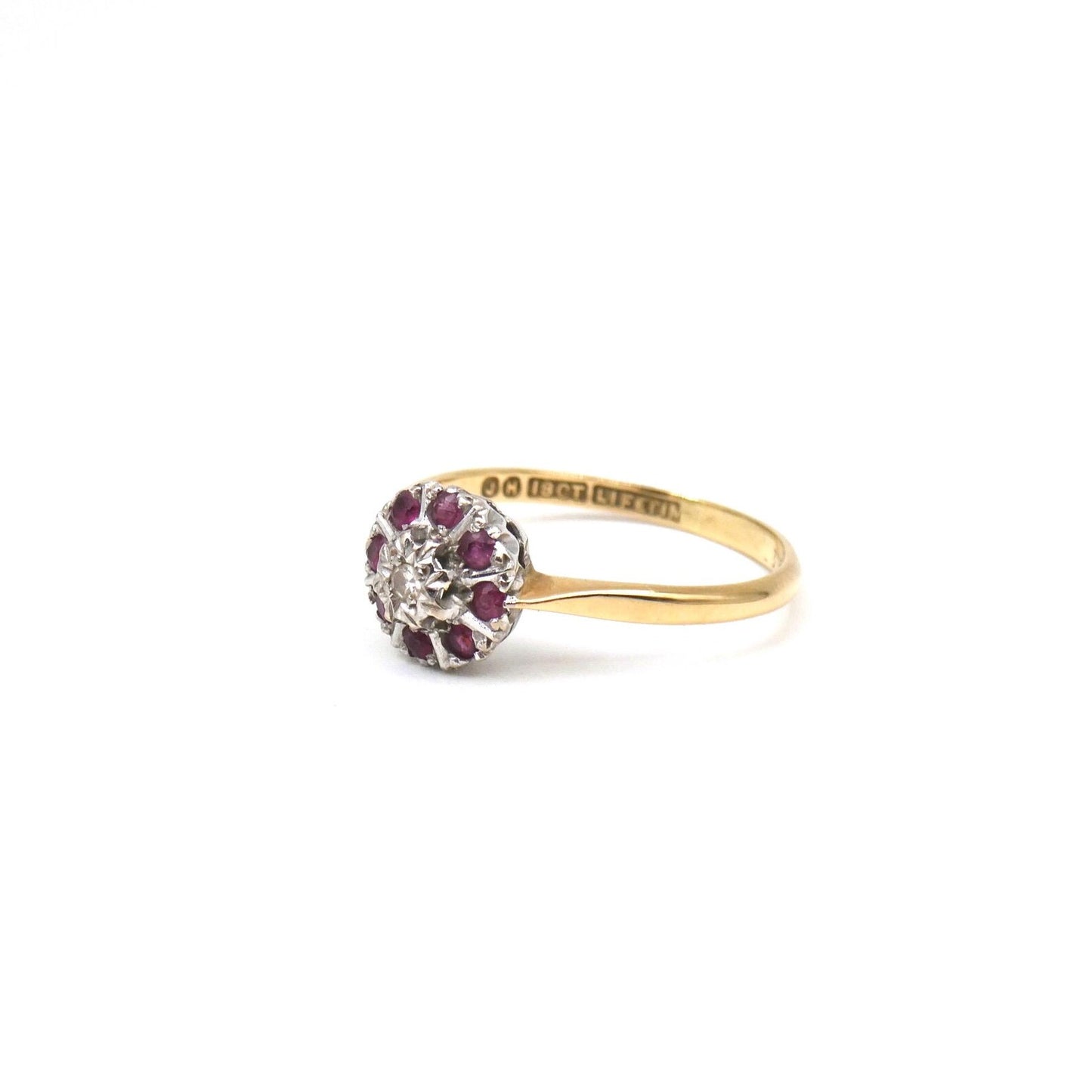 Vintage flower ring, ruby cluster ring in 18kt gold, dainty gold ruby ring,