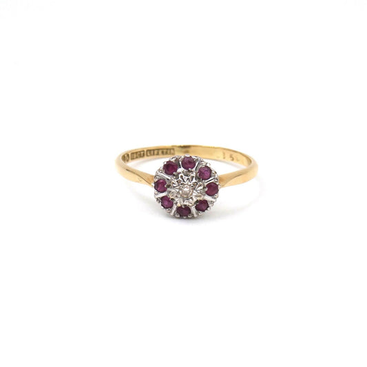 Vintage flower ring, ruby cluster ring in 18kt gold, dainty gold ruby ring,