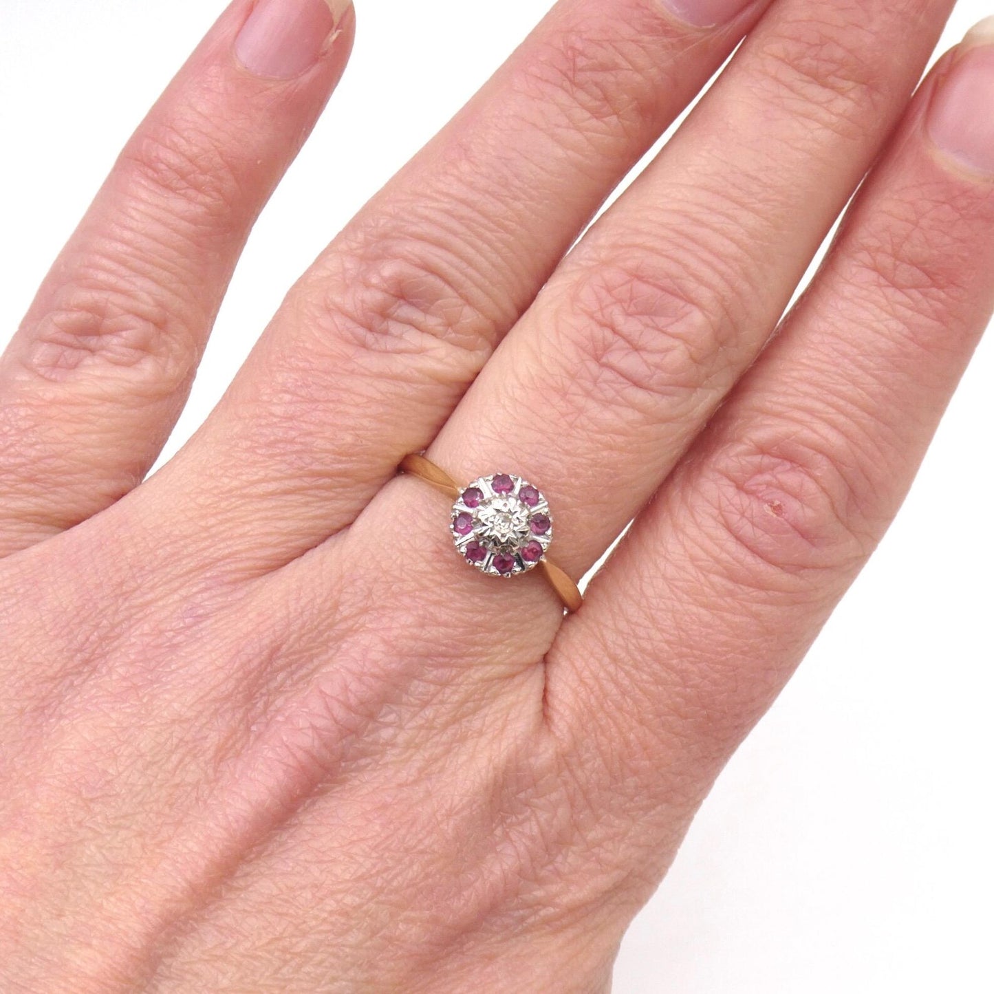 Vintage flower ring, ruby cluster ring in 18kt gold, dainty gold ruby ring,