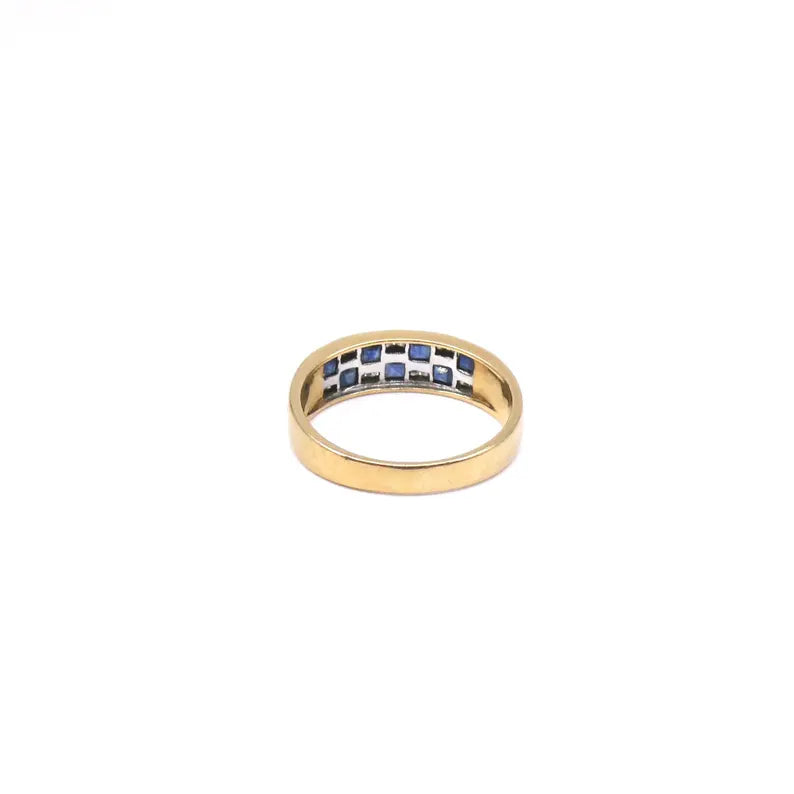 Sapphire Diamond band, 18kt band with a double row of square sapphires and round diamonds, retro style gold gemstone band