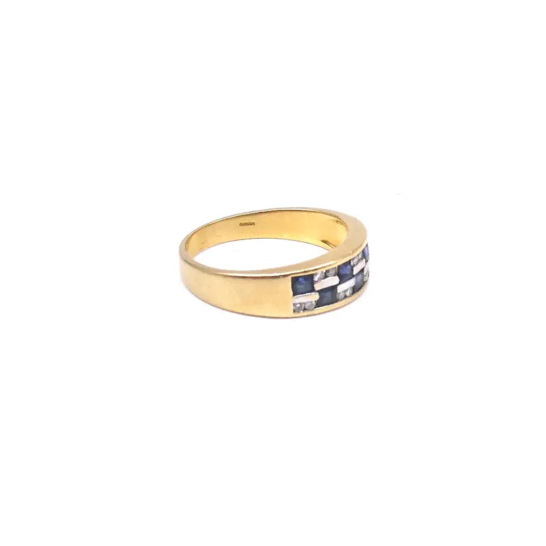 Sapphire Diamond band, 18kt band with a double row of square sapphires and round diamonds, retro style gold gemstone band