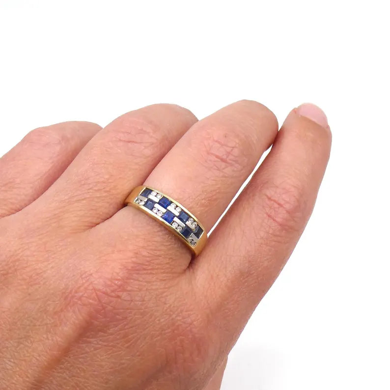 Sapphire Diamond band, 18kt band with a double row of square sapphires and round diamonds, retro style gold gemstone band