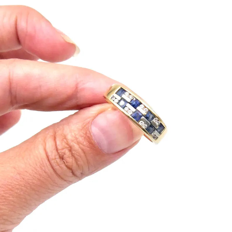 Sapphire Diamond band, 18kt band with a double row of square sapphires and round diamonds, retro style gold gemstone band