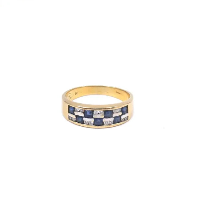 Sapphire Diamond band, 18kt band with a double row of square sapphires and round diamonds, retro style gold gemstone band