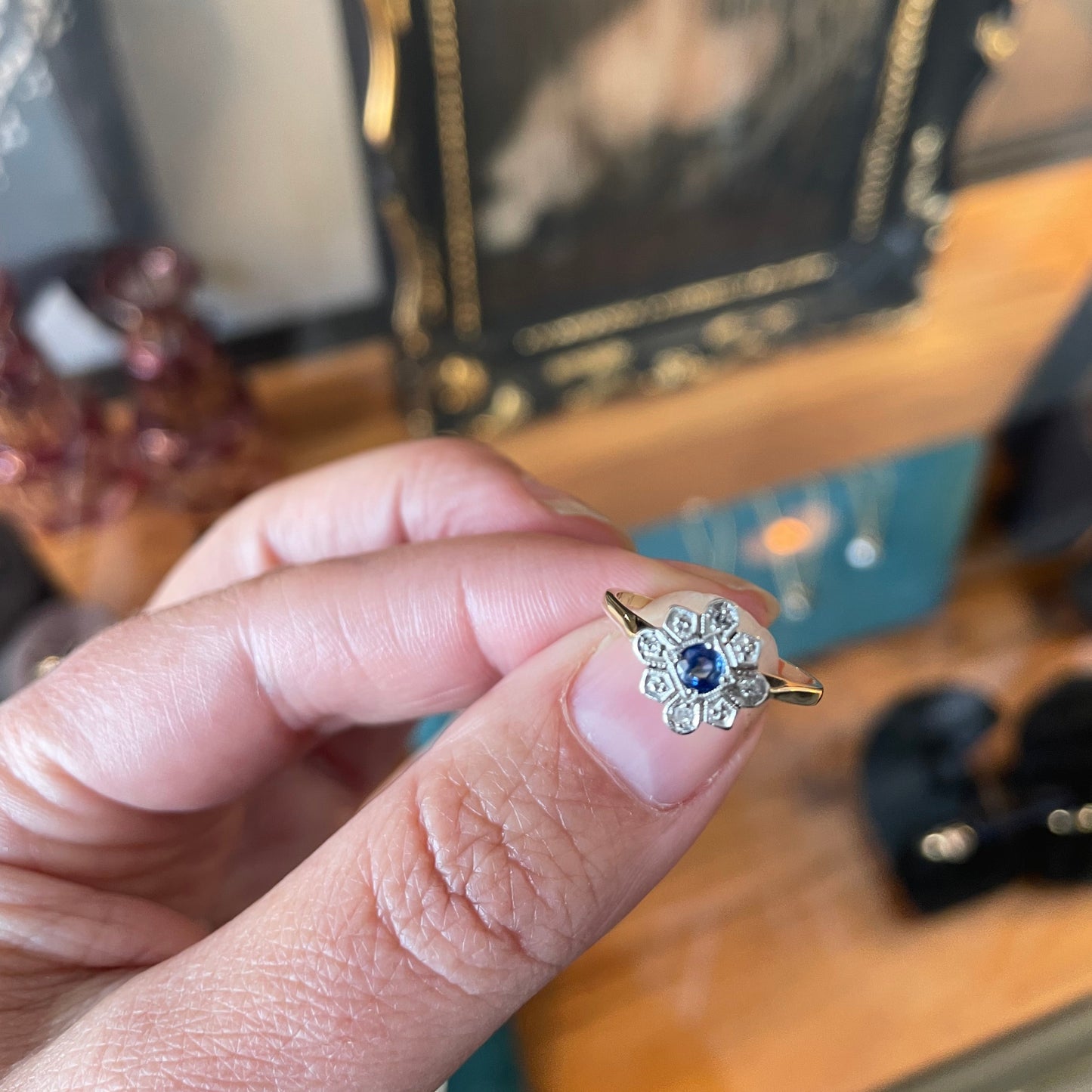 Sapphire diamond geometric flower ring, ring from the early 1900's