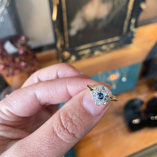Sapphire diamond geometric flower ring, ring from the early 1900's