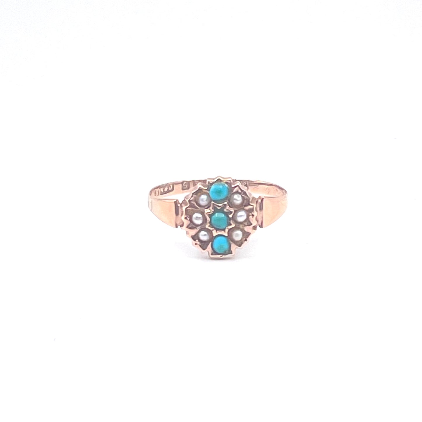 Antique Turquoise and pearl ring 9kt rose gold.