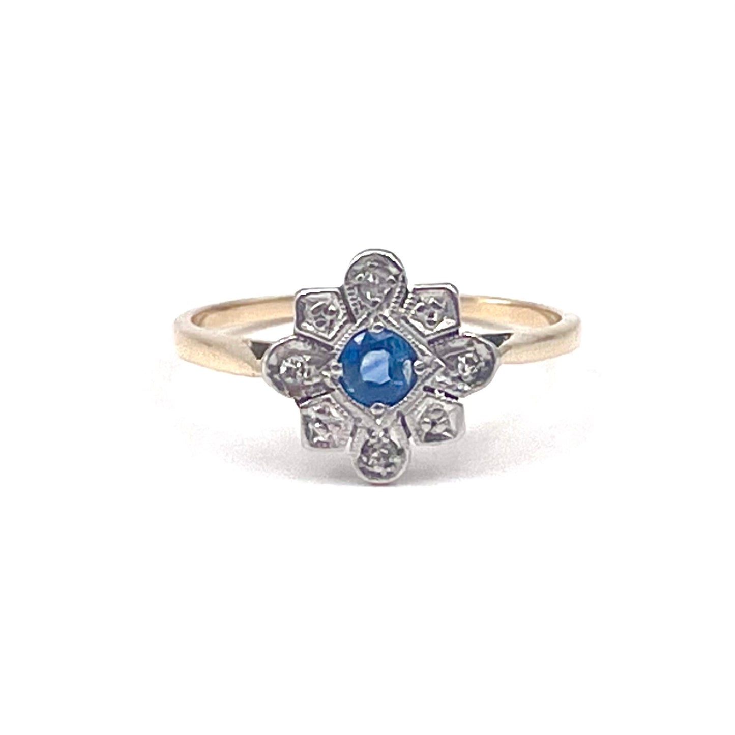 Sapphire diamond geometric flower ring, ring from the early 1900's