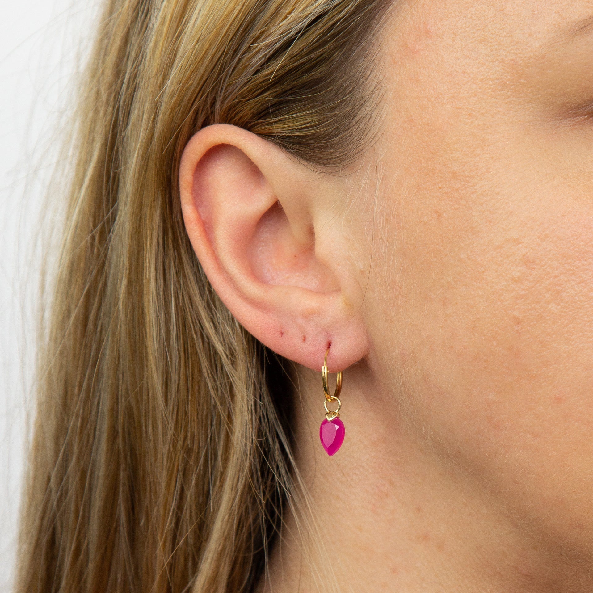 Small hoops with a deep pink chalcedony drop. - Collected