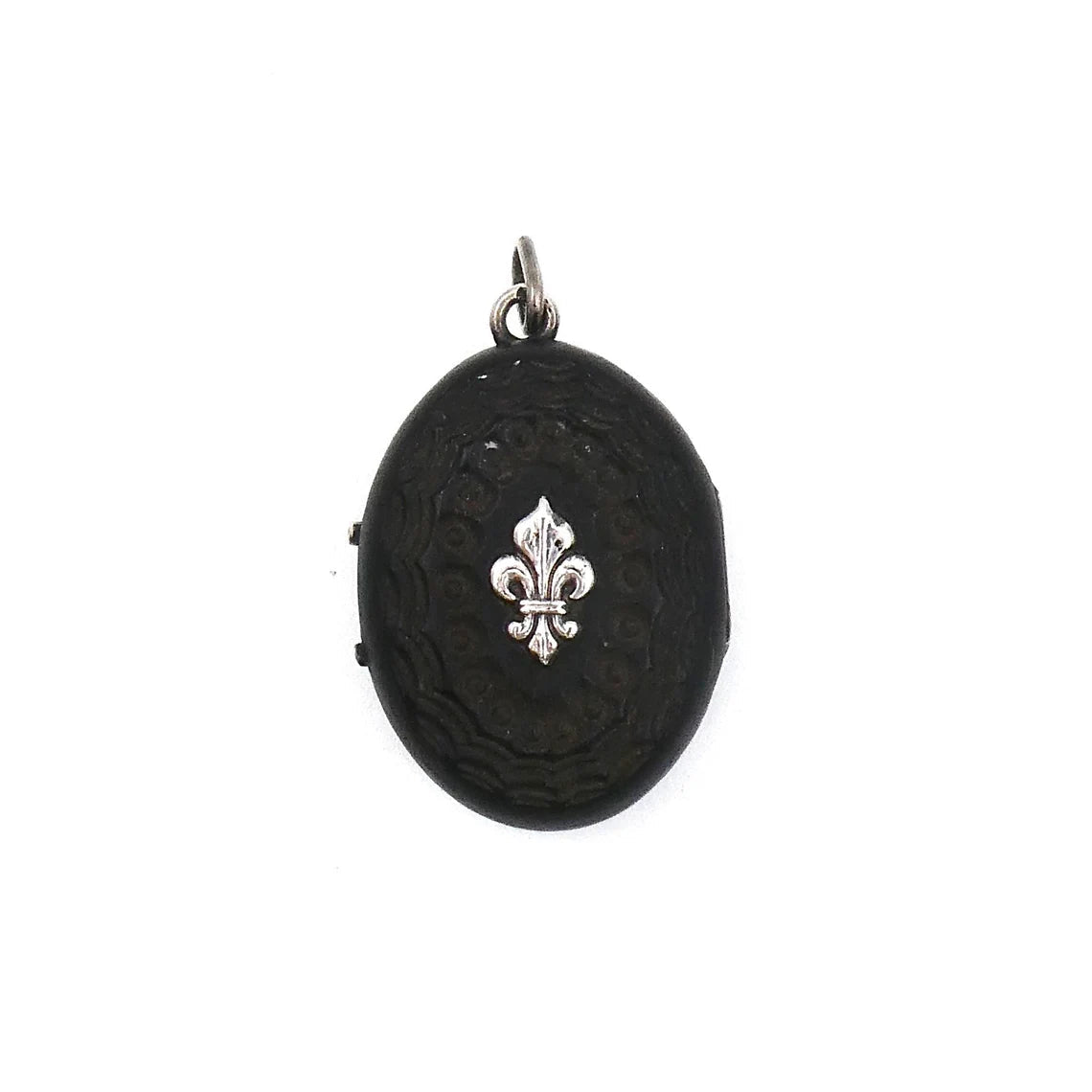 A unique carved black wooden locket with silver fleur de lis and initals in relief. - Collected
