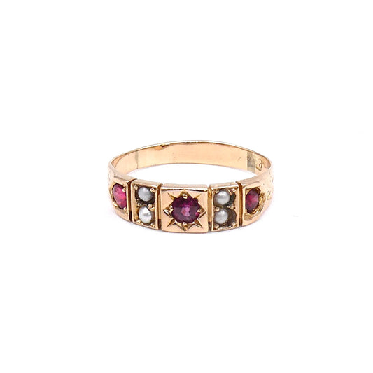 Antique garnet and pearl band, set in a star and cluster setting with a floral design on the shoulders - Collected