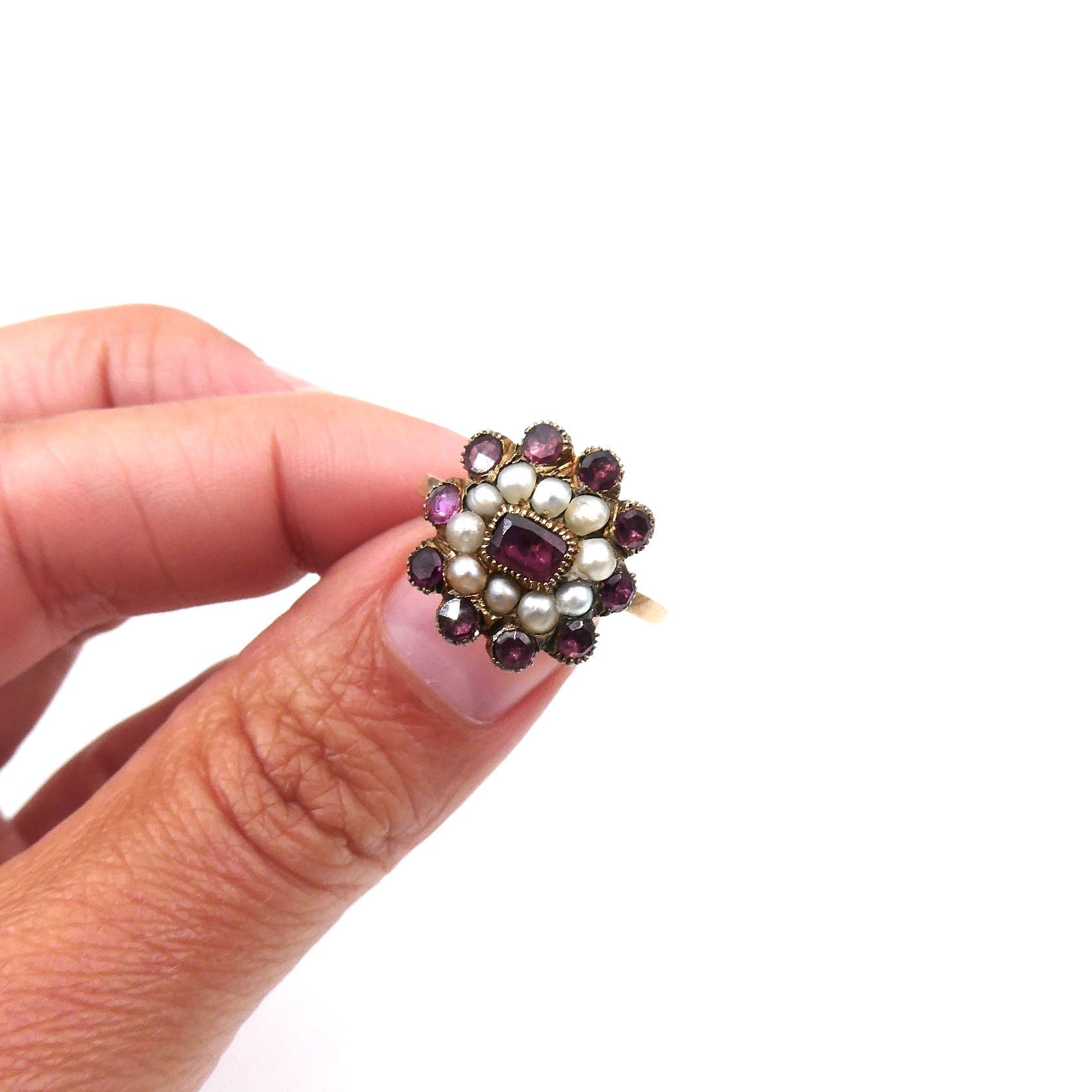 Antique garnet and pearl ring, unique ring converted from a Georgian brooch. - Collected