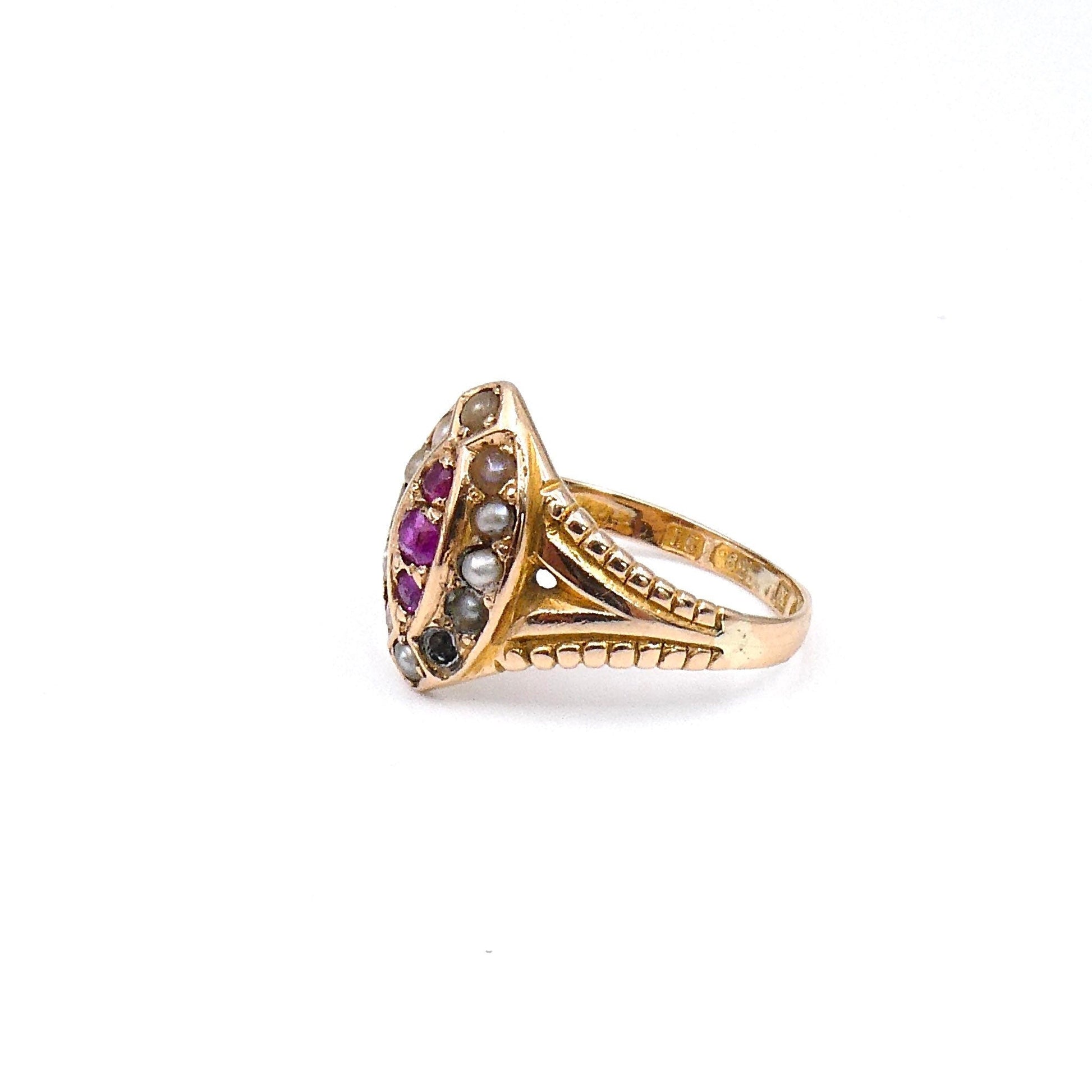 Antique ruby and pearl ring, a navette ring hallmarked 15kt gold - Collected