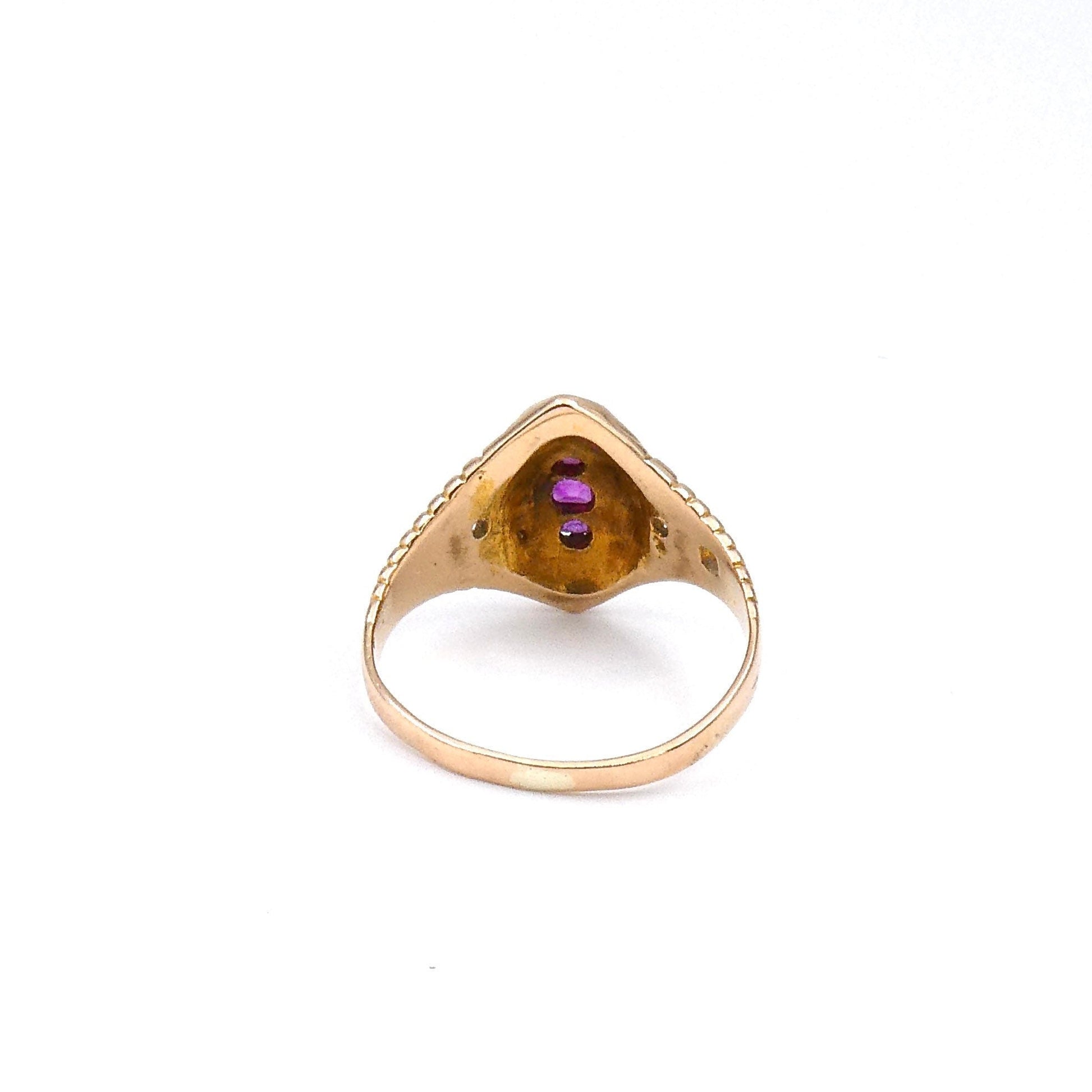 Antique ruby and pearl ring, a navette ring hallmarked 15kt gold - Collected