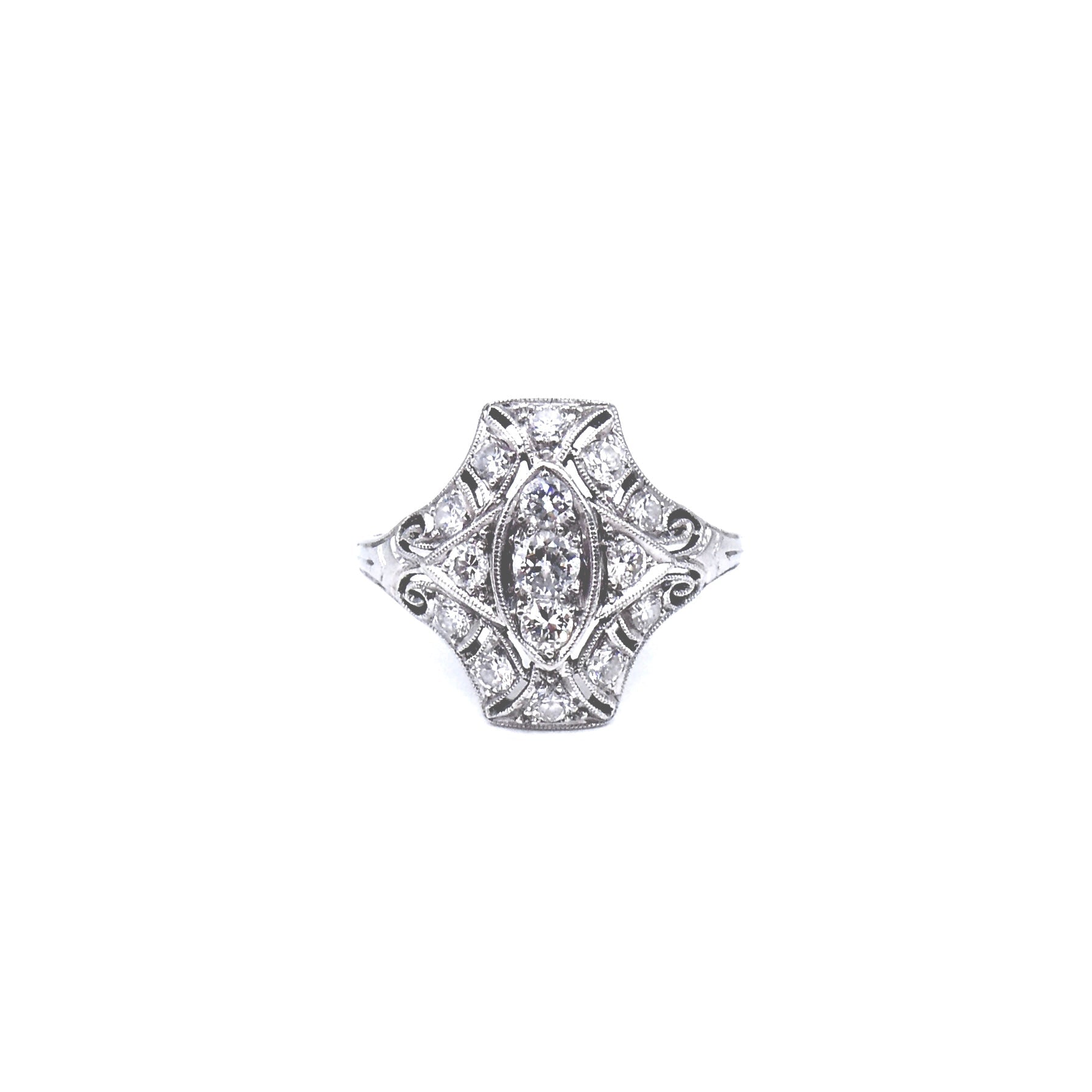 Art Deco diamond ring, with curved lines and a pierced setting. - Collected