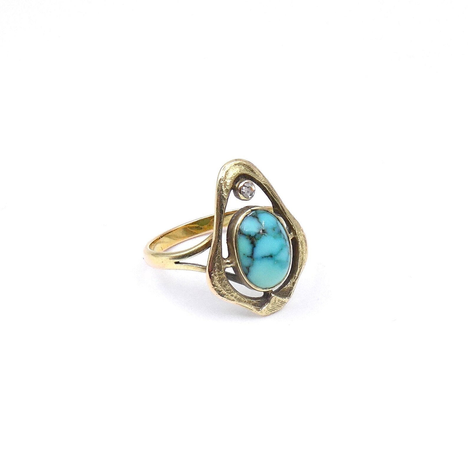 Art Nouveau style ring set with a diamond and turquoise agate, one of a kind ring - Collected