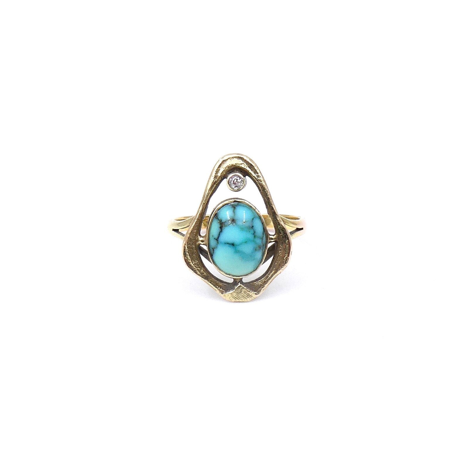 Art Nouveau style ring set with a diamond and turquoise agate, one of a kind ring - Collected