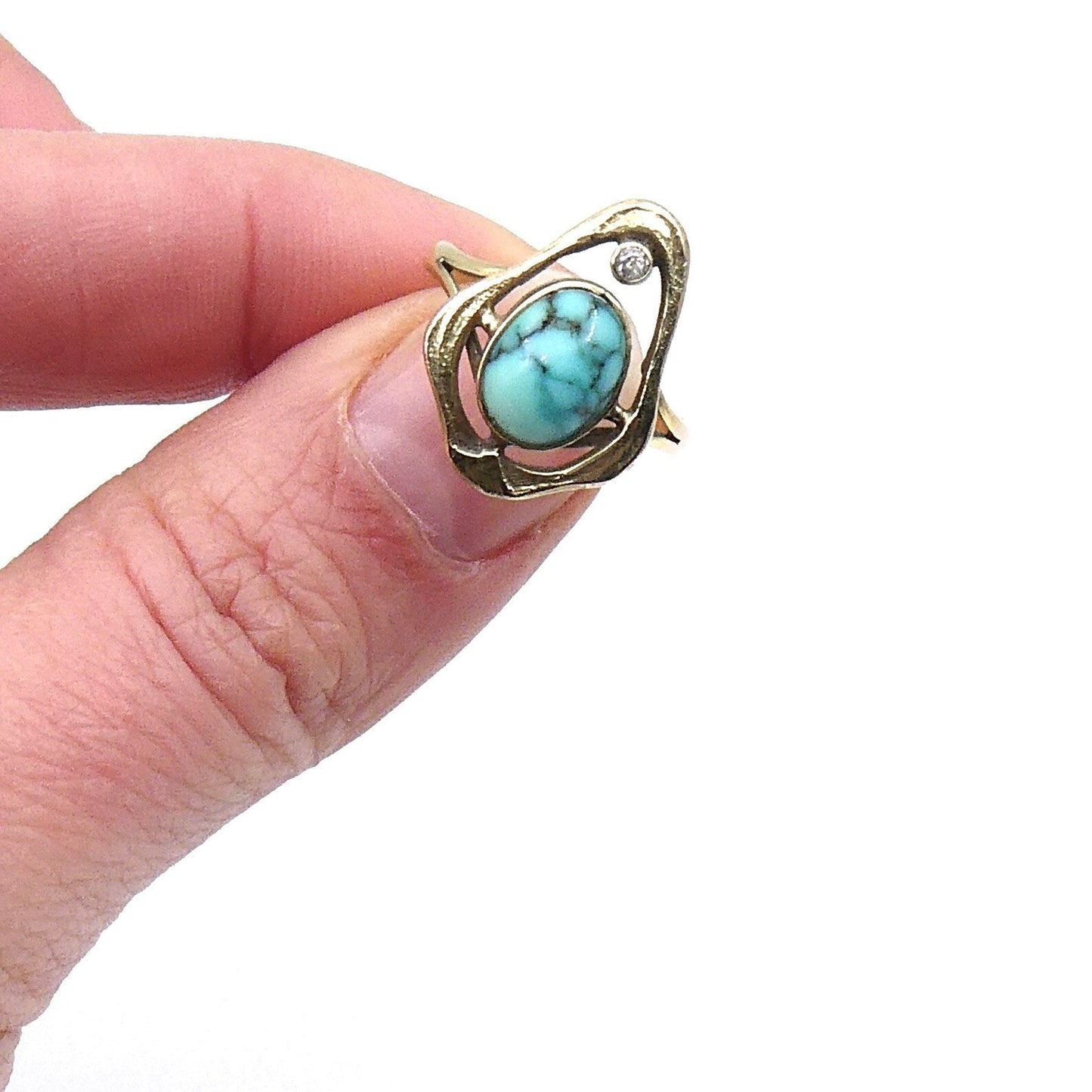 Art Nouveau style ring set with a diamond and turquoise agate, one of a kind ring - Collected