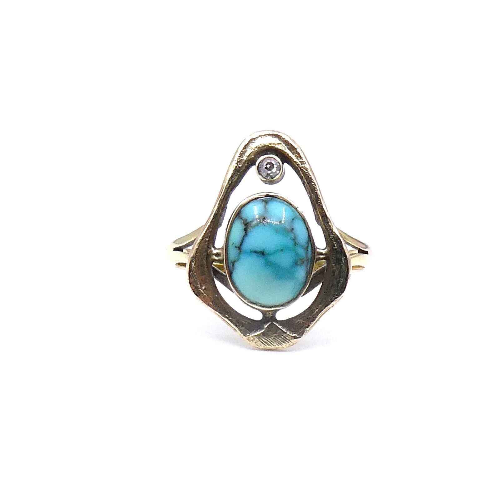 Art Nouveau style ring set with a diamond and turquoise agate, one of a kind ring - Collected