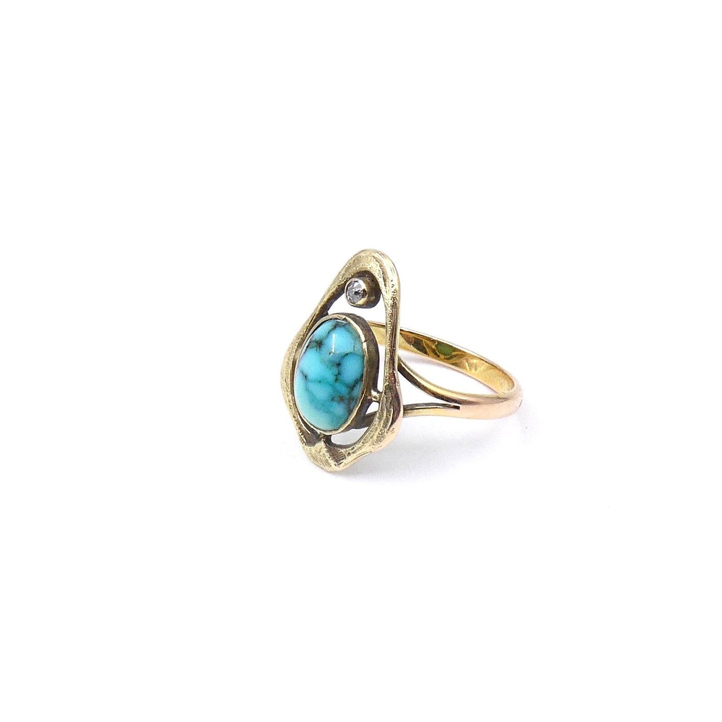 Art Nouveau style ring set with a diamond and turquoise agate, one of a kind ring - Collected