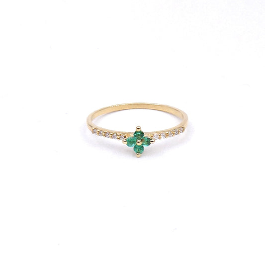 Emerald flower and diamond 18kt gold ring, a fine gold ring. - Collected