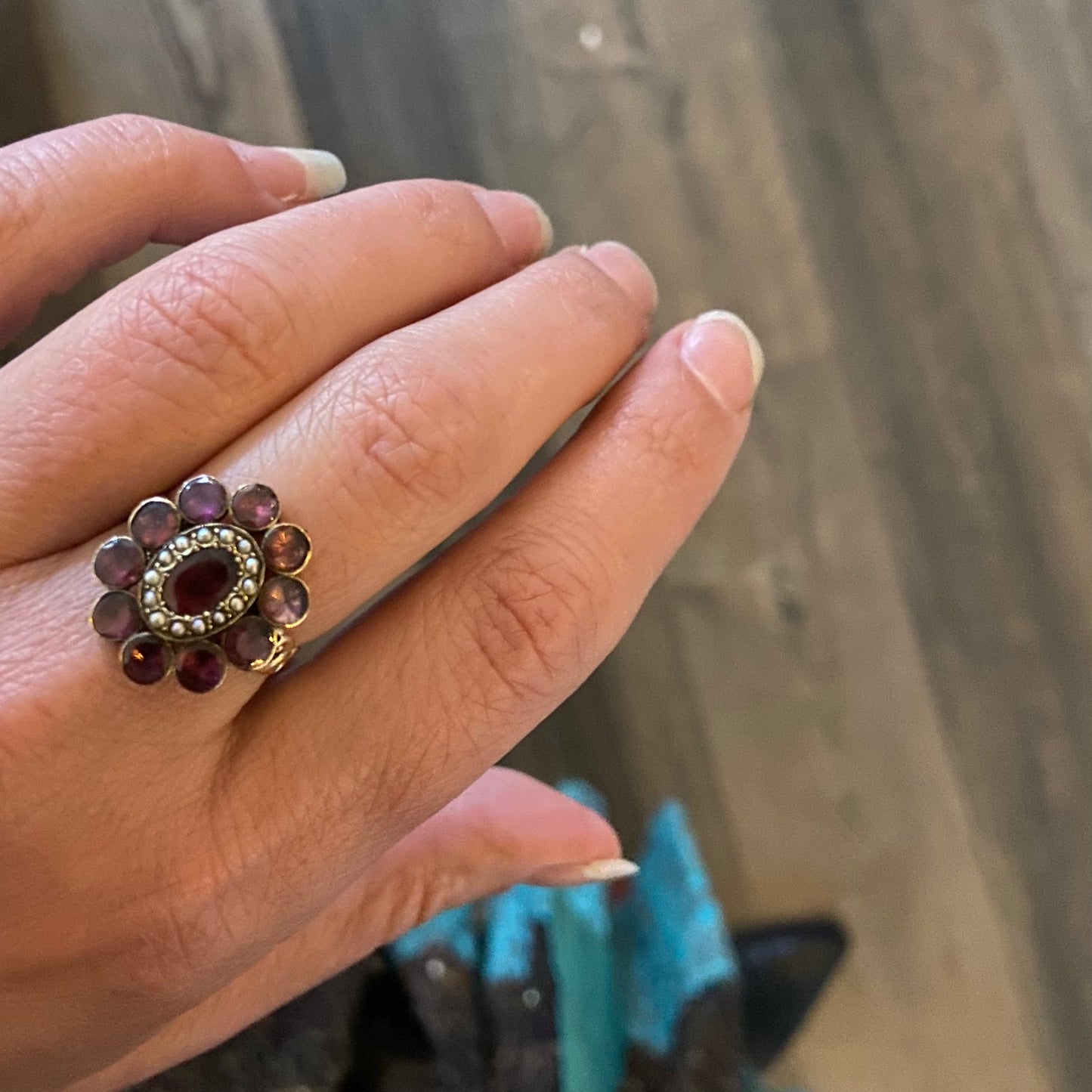 Georgian garnet and pearl ring, antique garnet pearl ring on an ornate gold band. - Collected