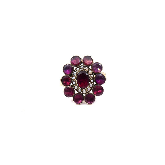 Georgian garnet and pearl ring, stunning statement garnet ring on an ornate gold band. - Collected