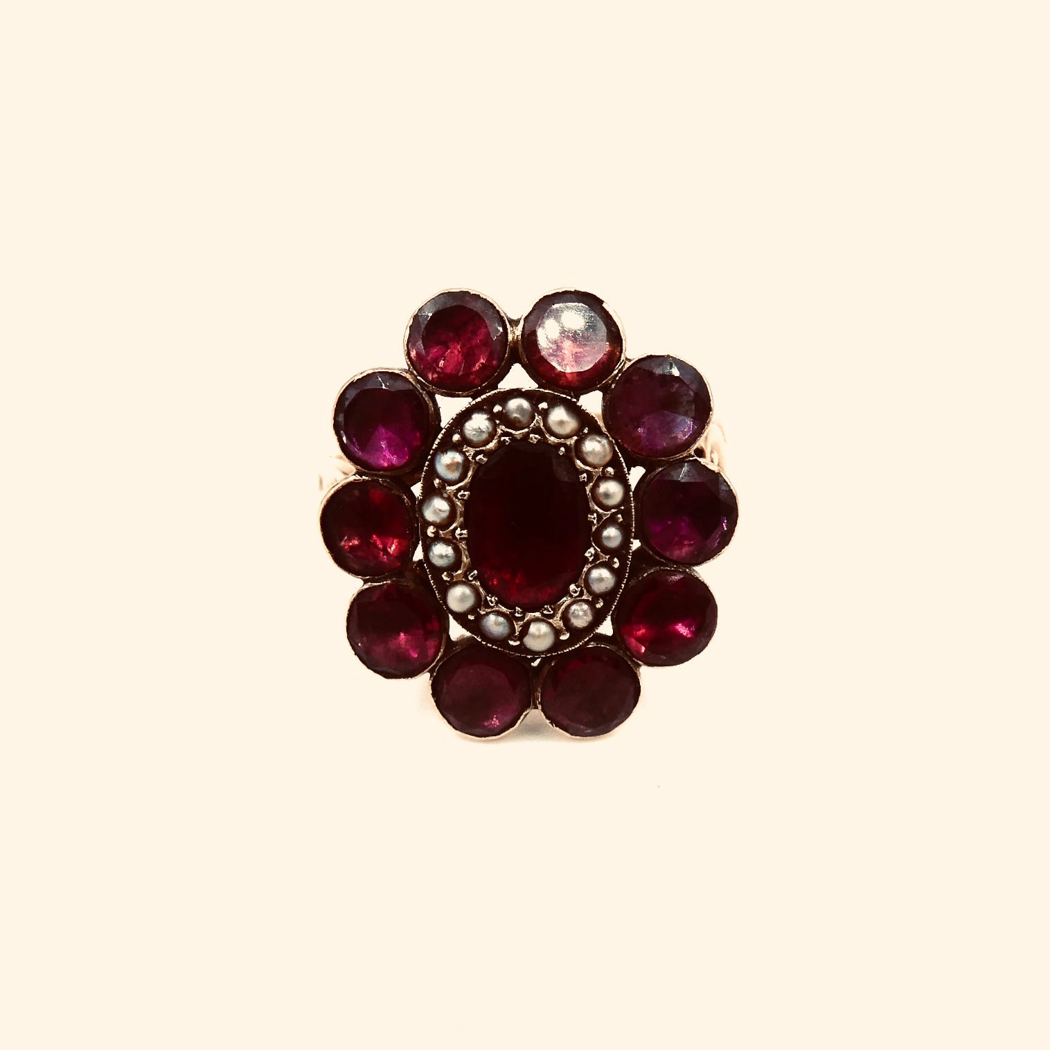 Georgian garnet and pearl ring, antique garnet pearl ring on an ornate gold band. - Collected