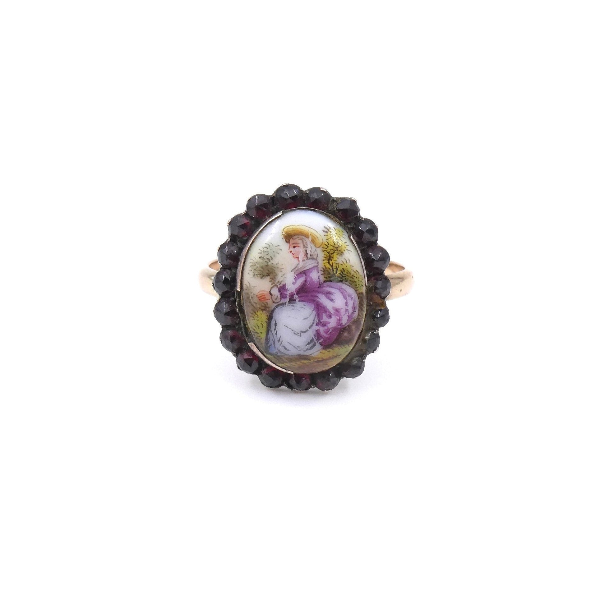 Georgian hand painted gold ring, porcelain ring painted with a lady surrounded by a border of garnets. - Collected