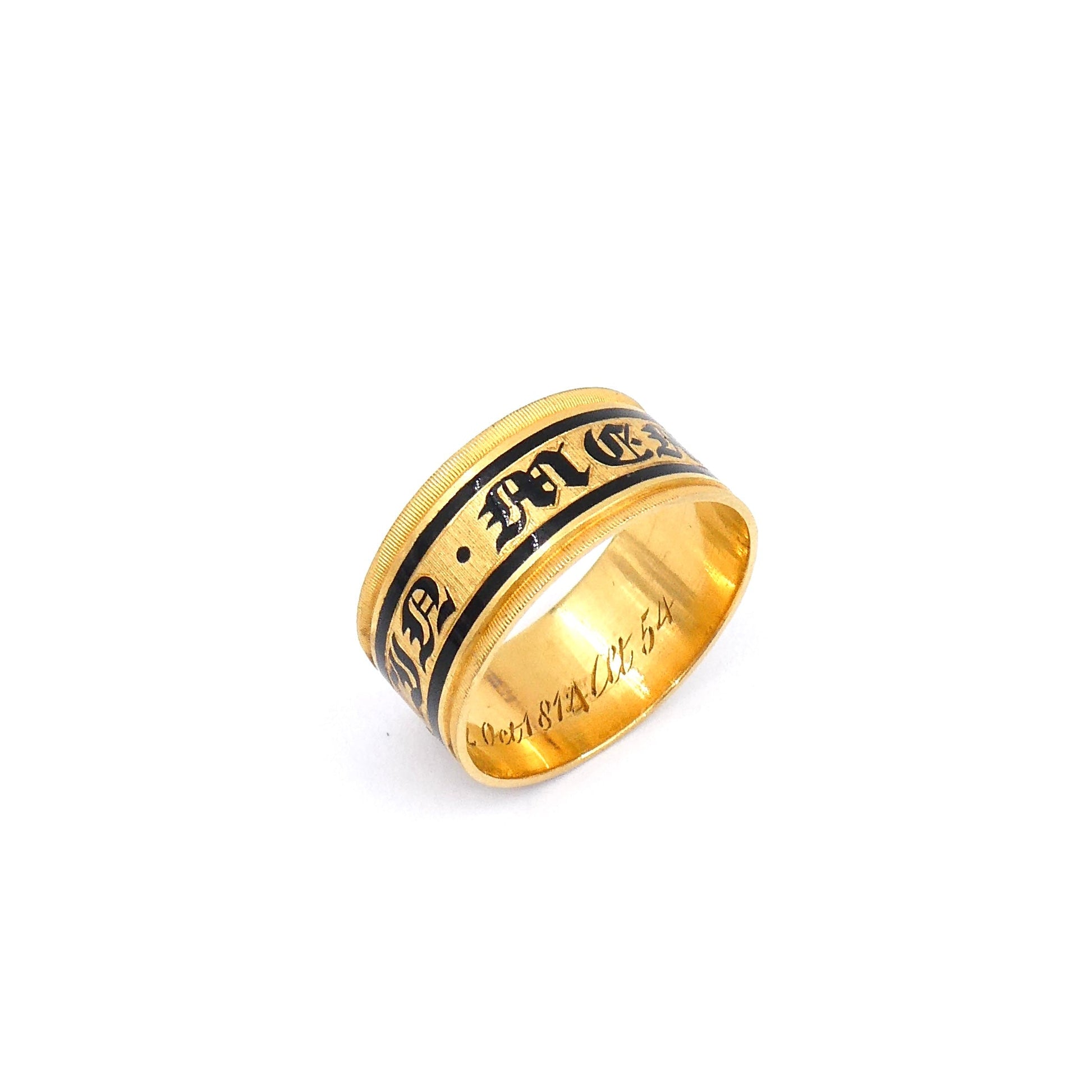 Georgian Mourning band, a gold and black enamel ring from 1814, inscribed on the inside. - Collected